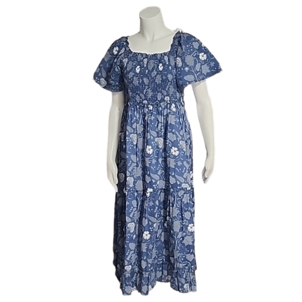 GRACE HOLIDAY Blue Chambray Floral Smocked Midi Dress L Tiered Boho Cottagecore - Picture 7 of 16